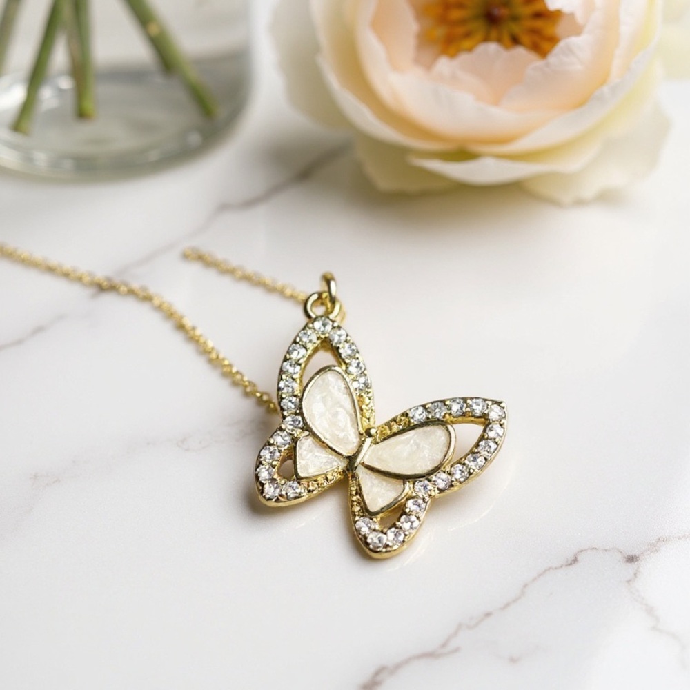 Gold Filled Non-Tarnish Necklace with Gold and Opal Butterfly Charm